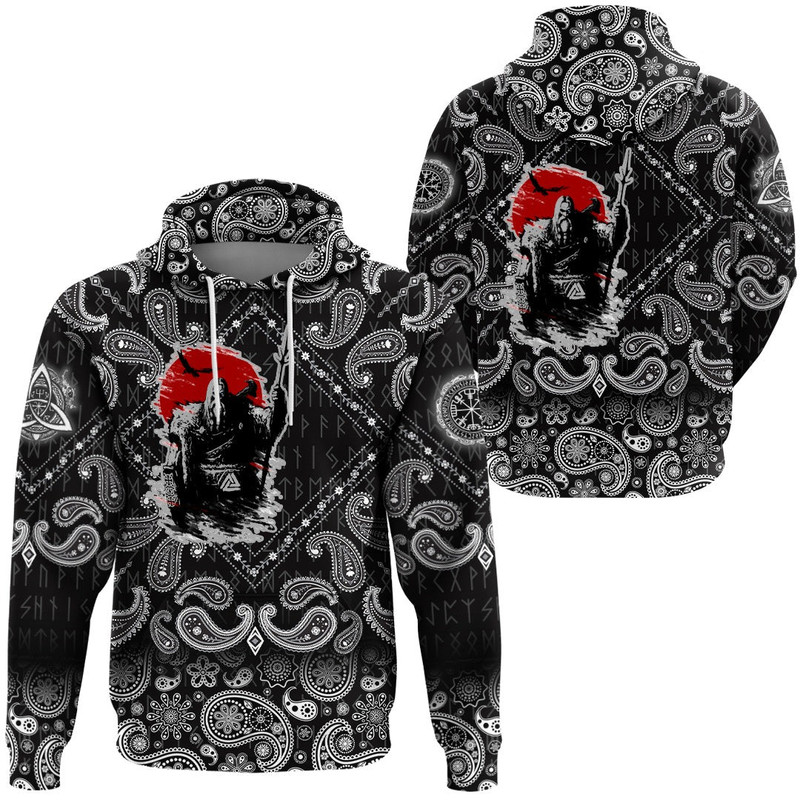 The Harsh God Odin Against The Background Of Red Sun with Bandana Paisley Style Viking Hoodie For M