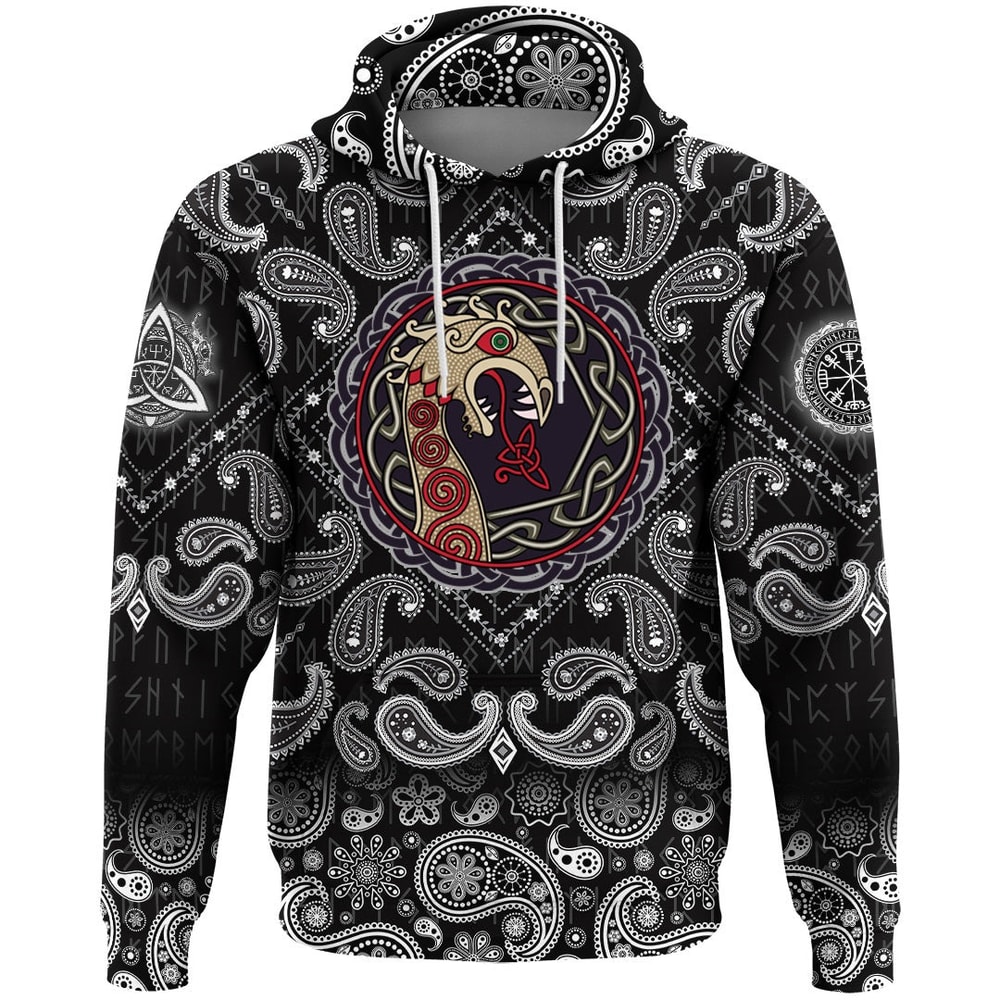 The Nasal Figure Of The Ship Drakkar In The Form Of Dragon with Bandana Paisley Style Viking Hoodie