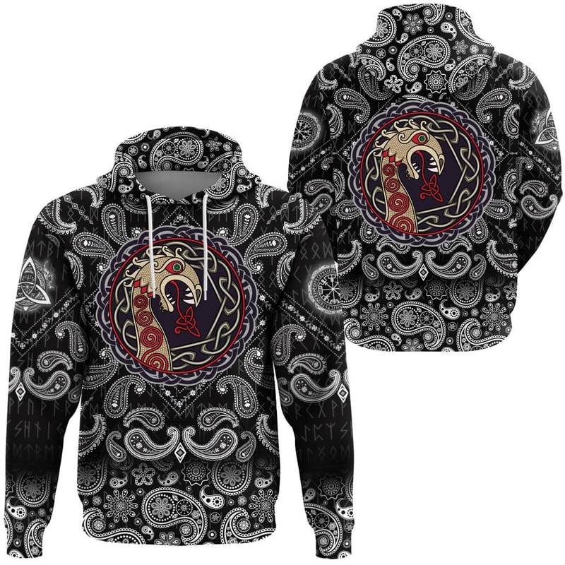 The Nasal Figure Of The Ship Drakkar In The Form Of Dragon with Bandana Paisley Style Viking Hoodie