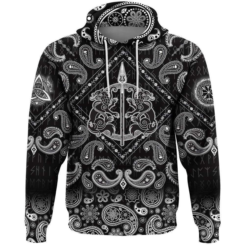 The Spear Of The God Odin Gungnir Two Wolves with Bandana Paisley Style Viking Hoodie For Men Women