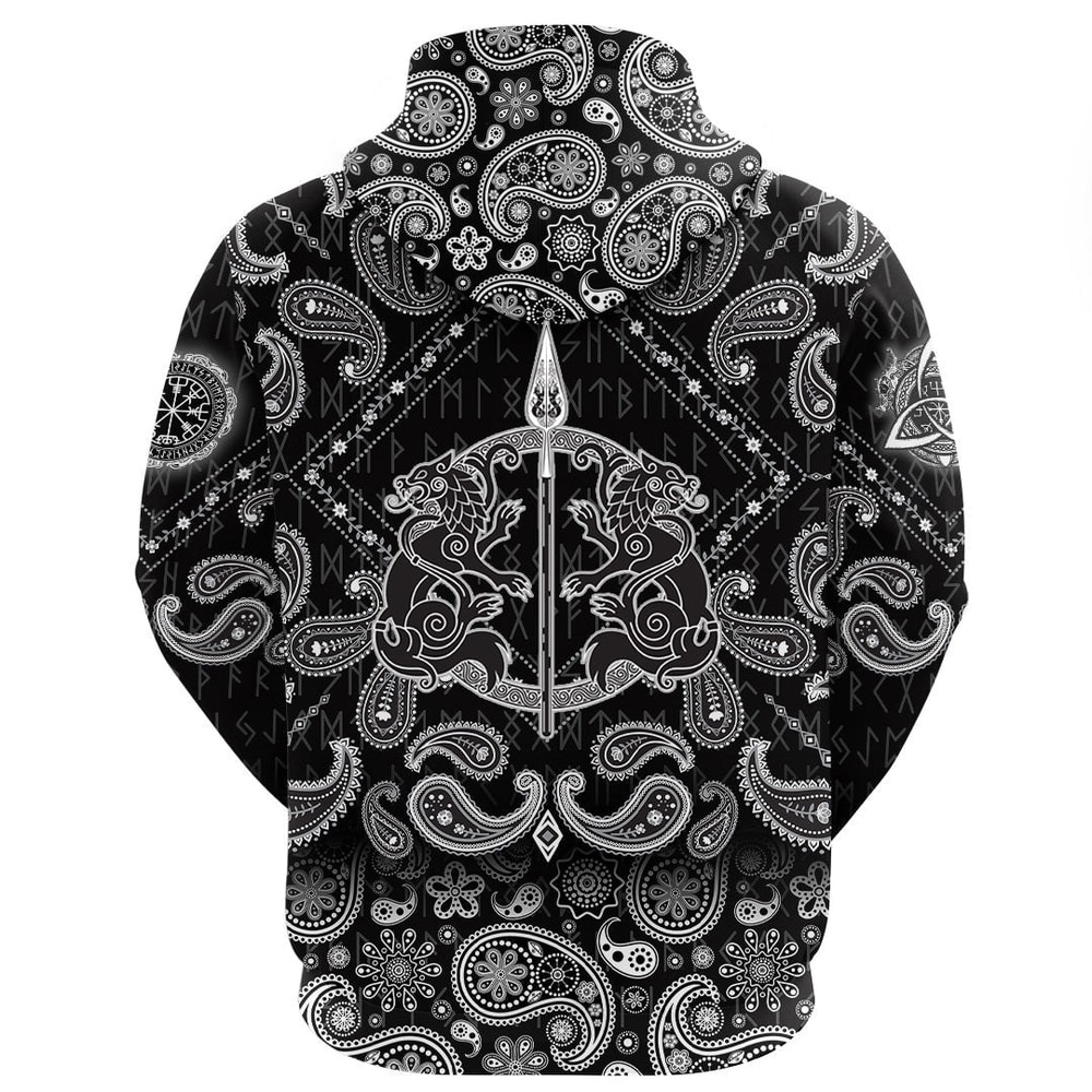 The Spear Of The God Odin Gungnir Two Wolves with Bandana Paisley Style Viking Hoodie For Men Women