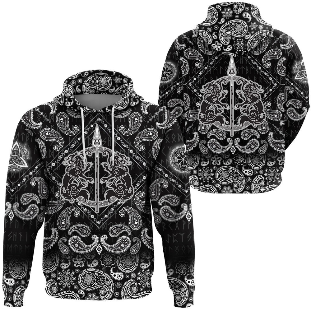 The Spear Of The God Odin Gungnir Two Wolves with Bandana Paisley Style Viking Hoodie For Men Women