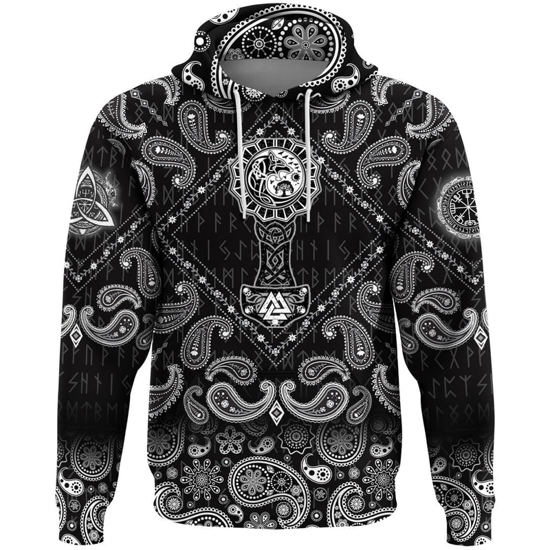 Thors Hammer with Bandana Paisley Style Viking Hoodie For Men Women