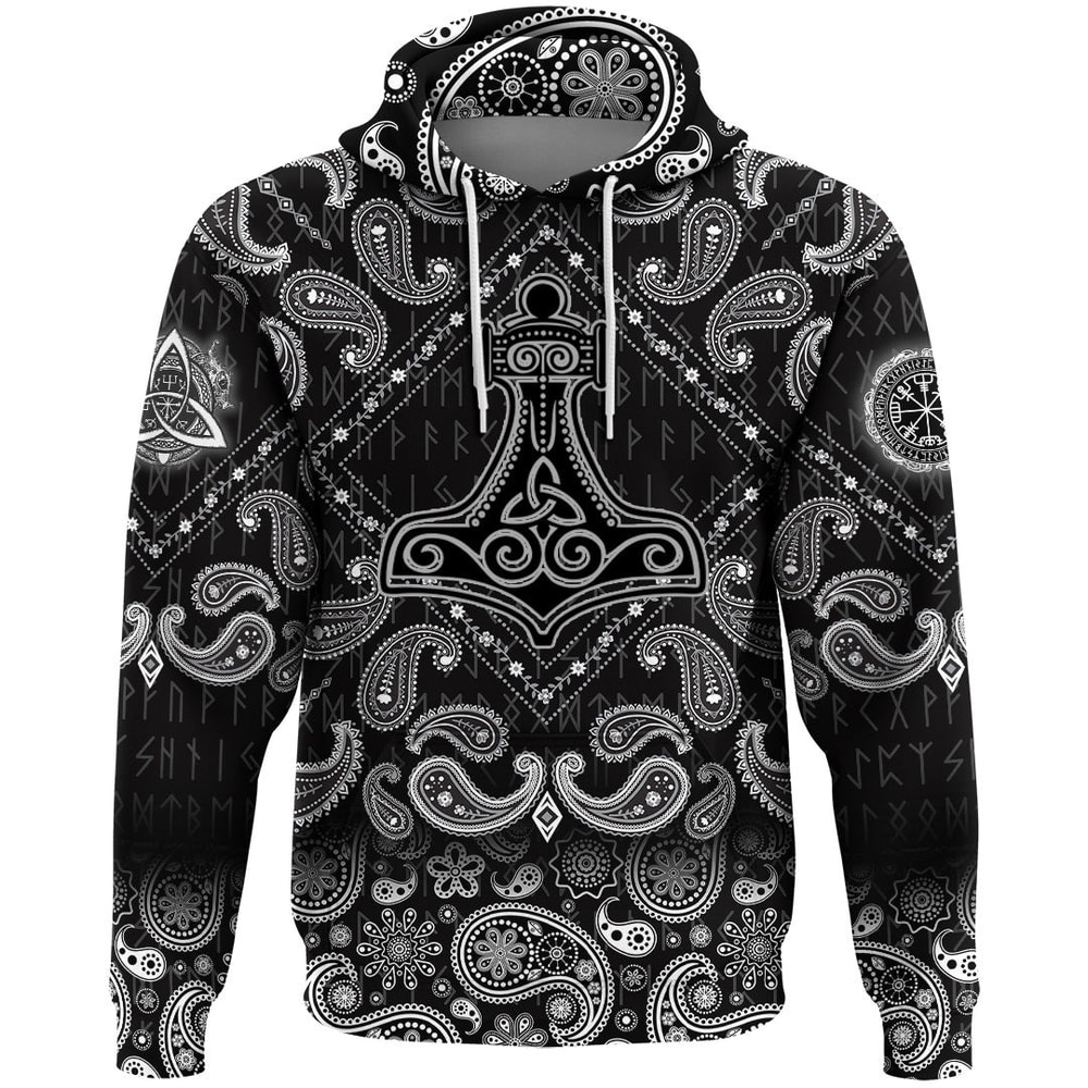 Thors Hammer Triquetr Spirals with Bandana Paisley Style Viking Hoodie For Men Women