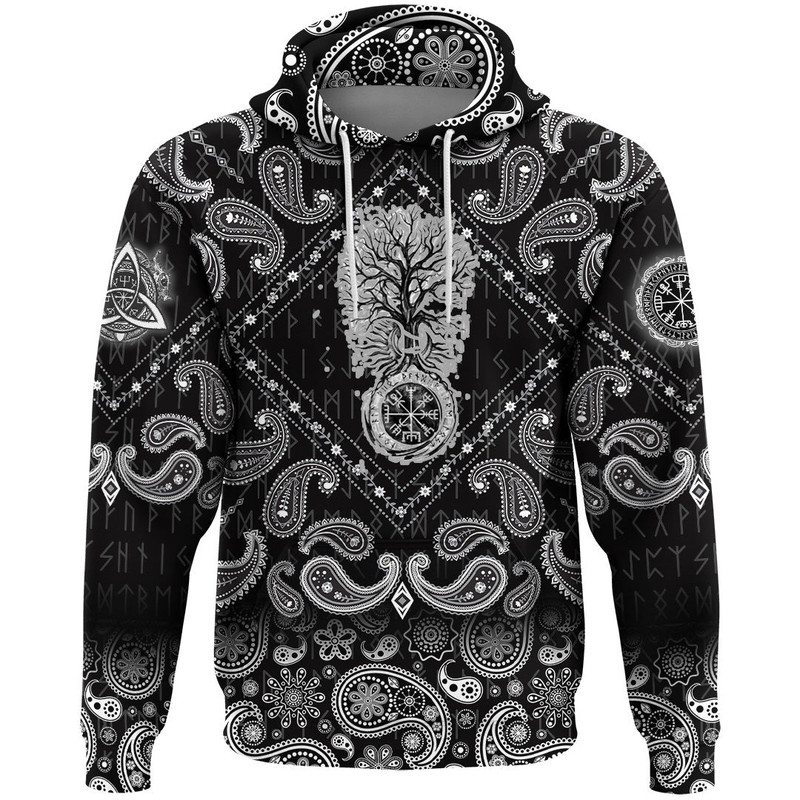 Tree With Traditional Vegvisir And Historical Sun with Bandana Paisley Style Viking Hoodie For Men