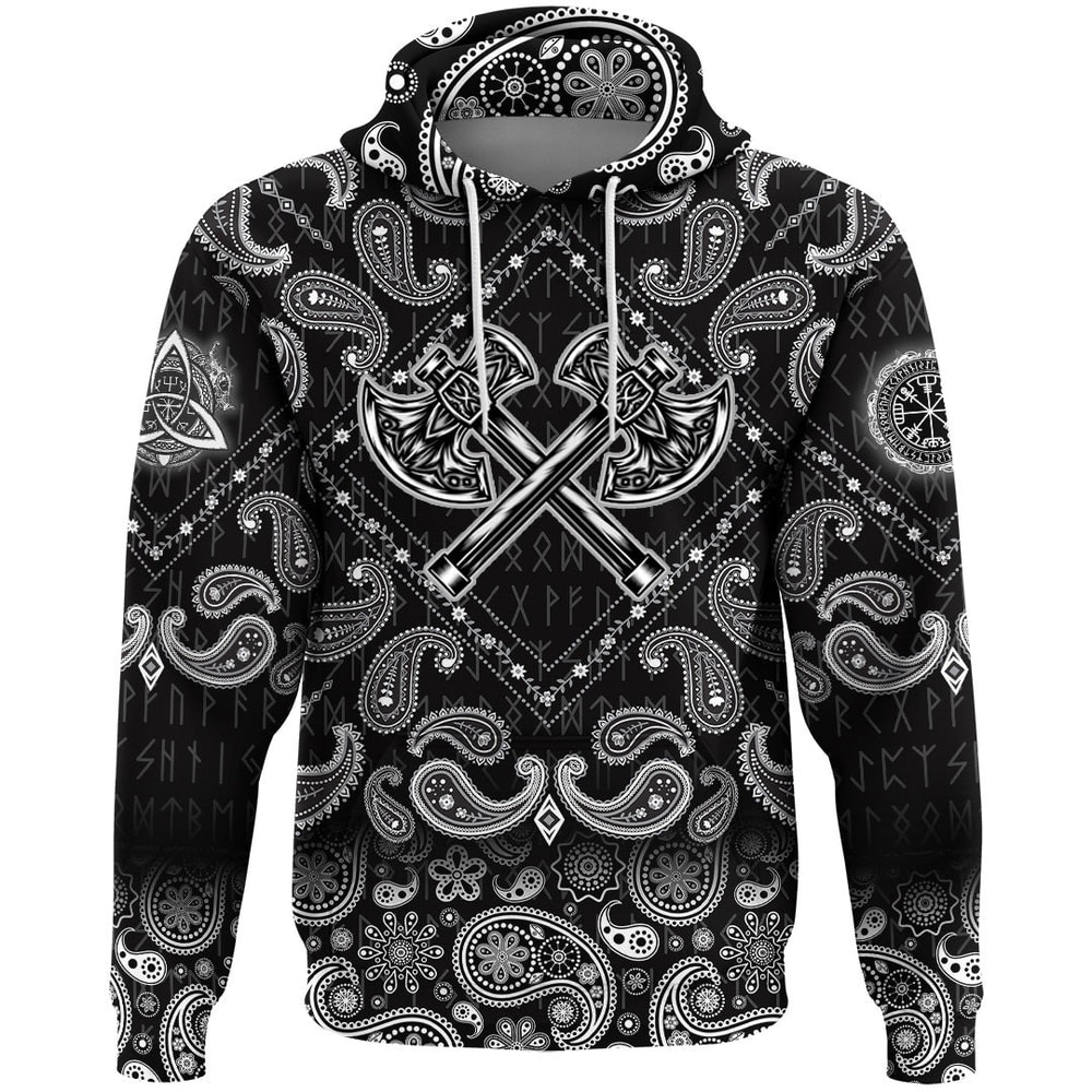 Two Warrior Axes with Bandana Paisley Style Viking Hoodie For Men Women
