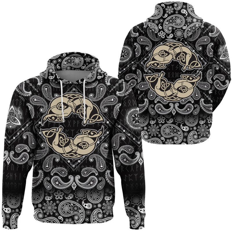 Two Wolves Of Odin Geri And Freki Scandinavian And Celtic Style with Bandana Paisley Style Viking H