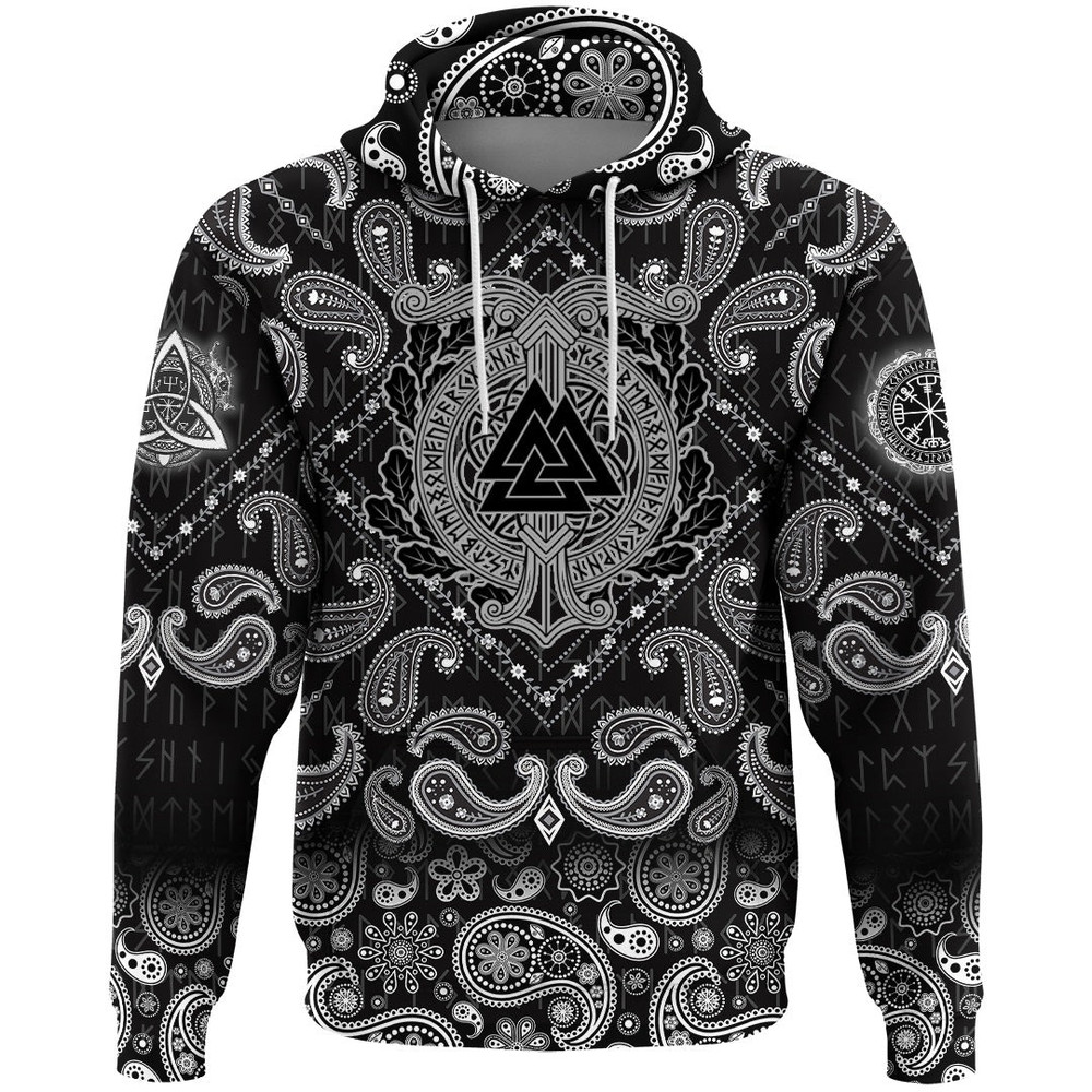 Valknut And Scandinavian Runes with Bandana Paisley Style Viking Hoodie For Men Women