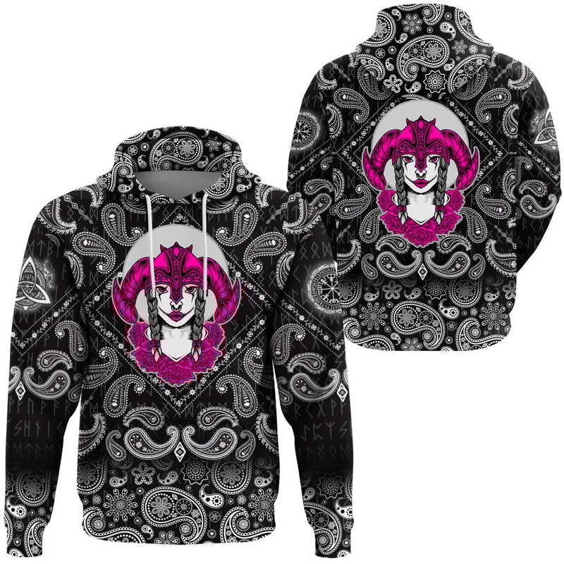 Valkyrie In Beautiful Helmet with Bandana Paisley Style Viking Hoodie For Men Women