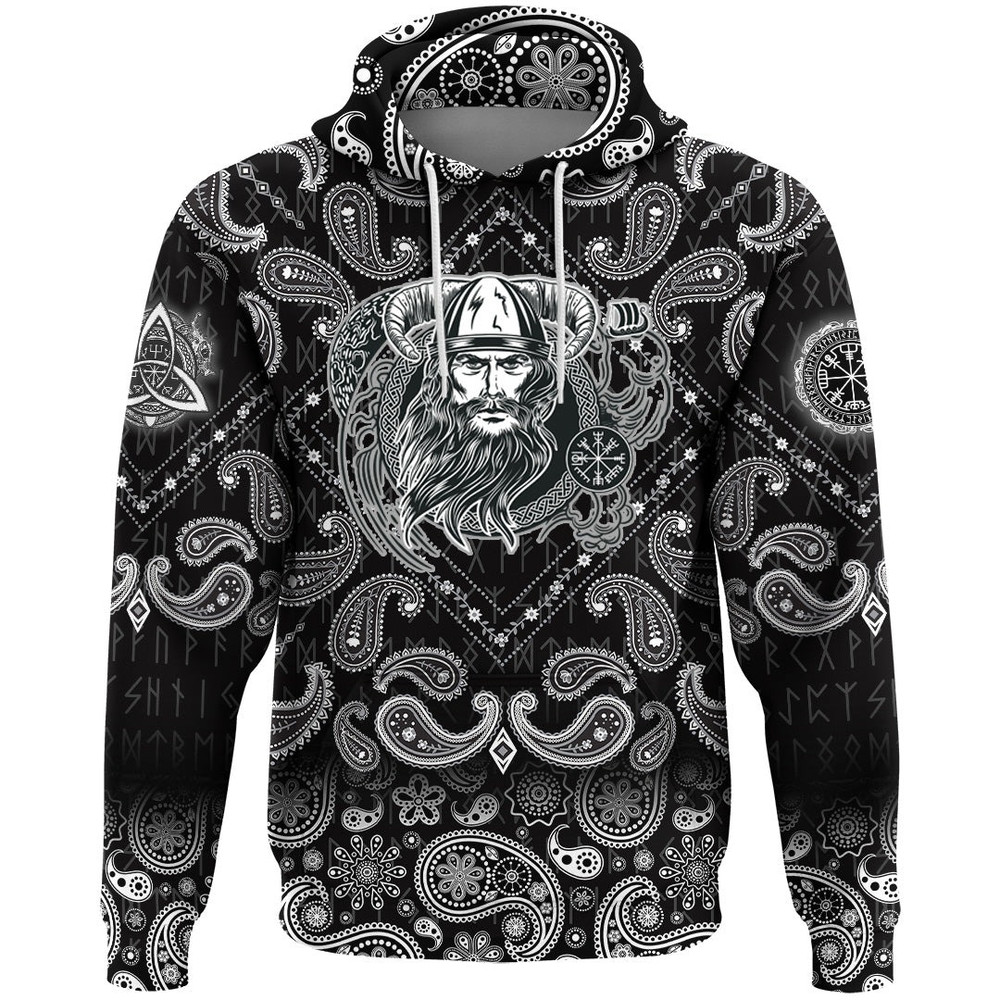 Vikings Head In Horned Helmet with Bandana Paisley Style Viking Hoodie For Men Women