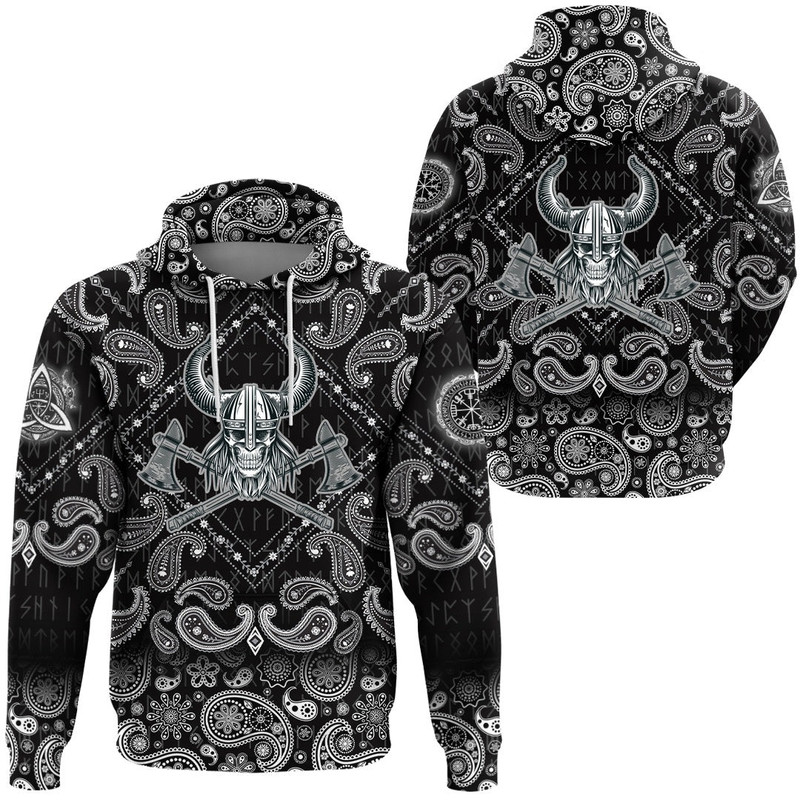 Vikings Head In Horned Helmet with Bandana Paisley Style Viking Hoodie For Men Women