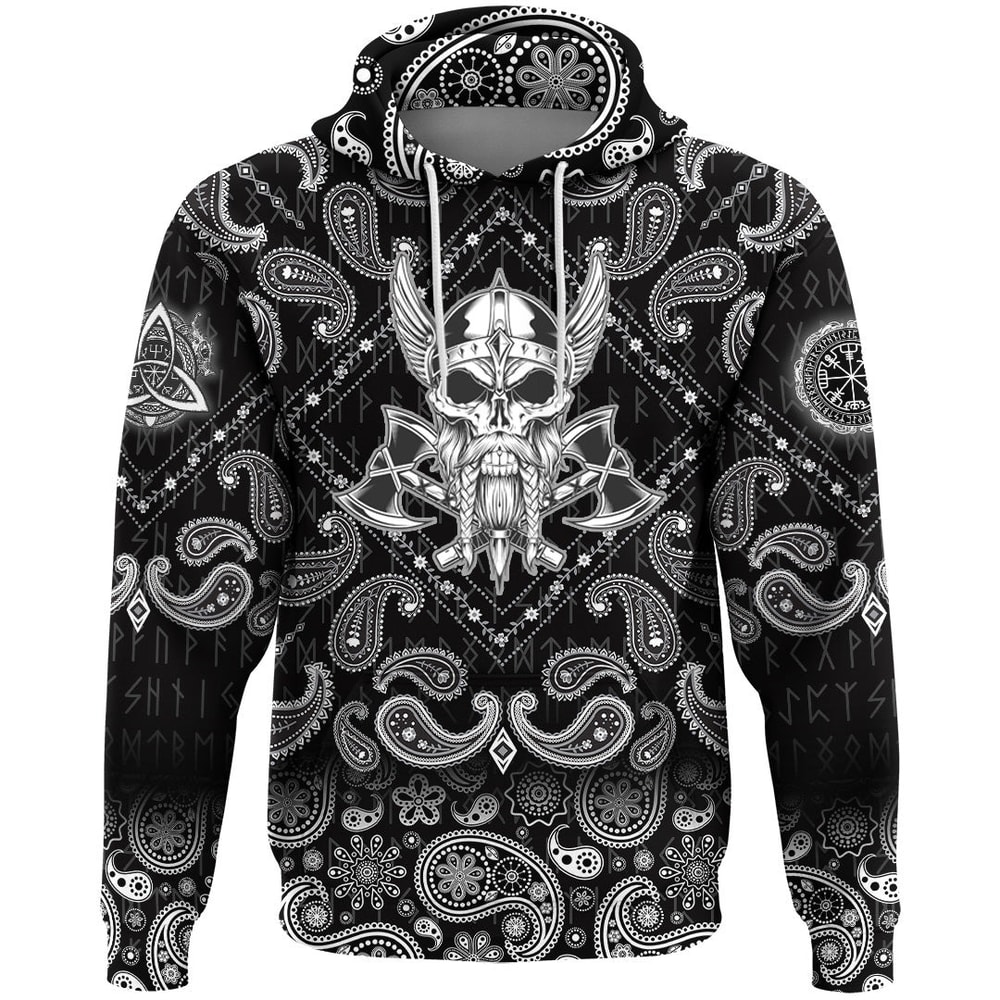 Vintage Skull And Axe Wing Monochrome with Bandana Paisley Style Viking Hoodie For Men Women