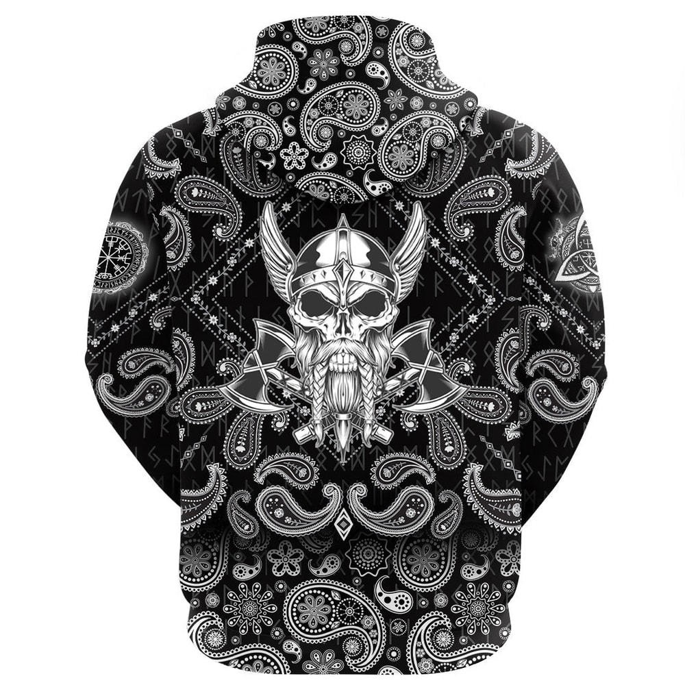 Vintage Skull And Axe Wing Monochrome with Bandana Paisley Style Viking Hoodie For Men Women