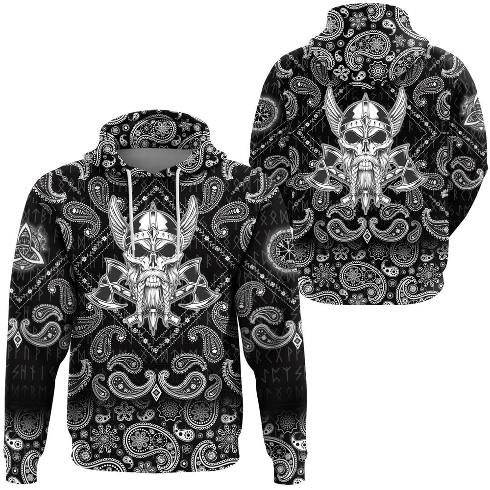 Vintage Skull And Axe Wing Monochrome with Bandana Paisley Style Viking Hoodie For Men Women