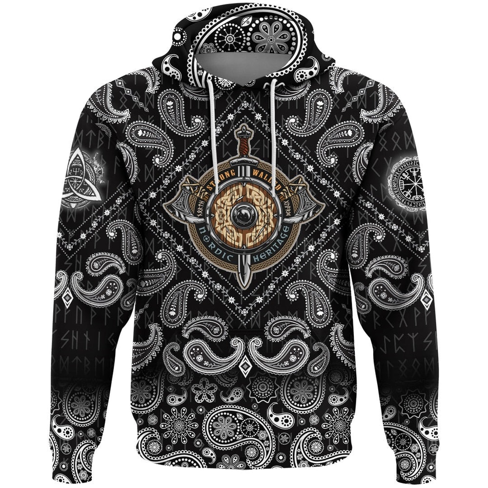 Weapon Colorful Label In Vintage Style With Wooden Shield with Bandana Paisley Style Viking Hoodie