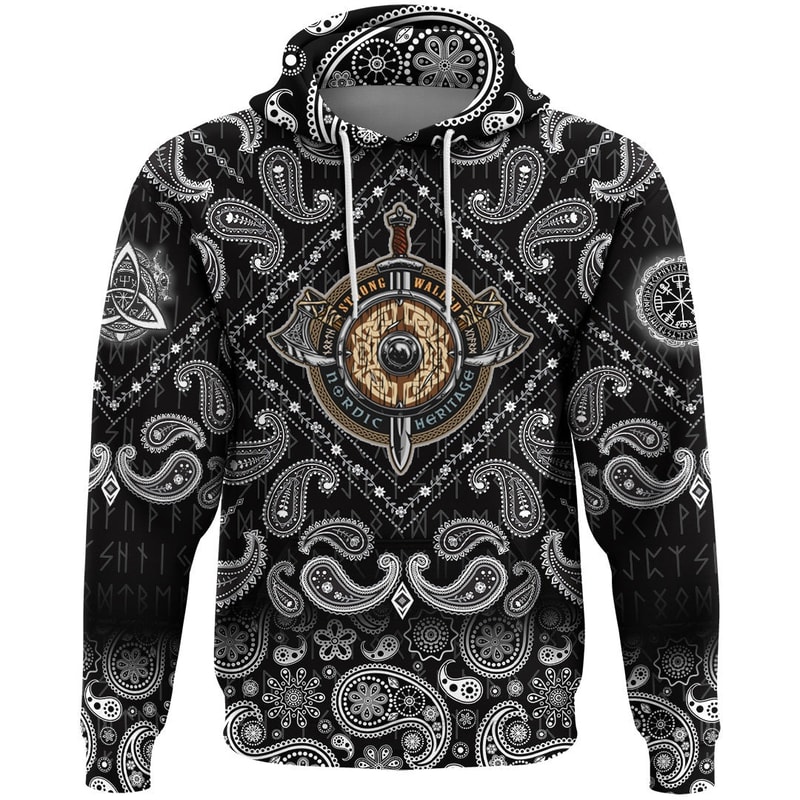 Weapon Colorful Label In Vintage Style With Wooden Shield with Bandana Paisley Style Viking Hoodie