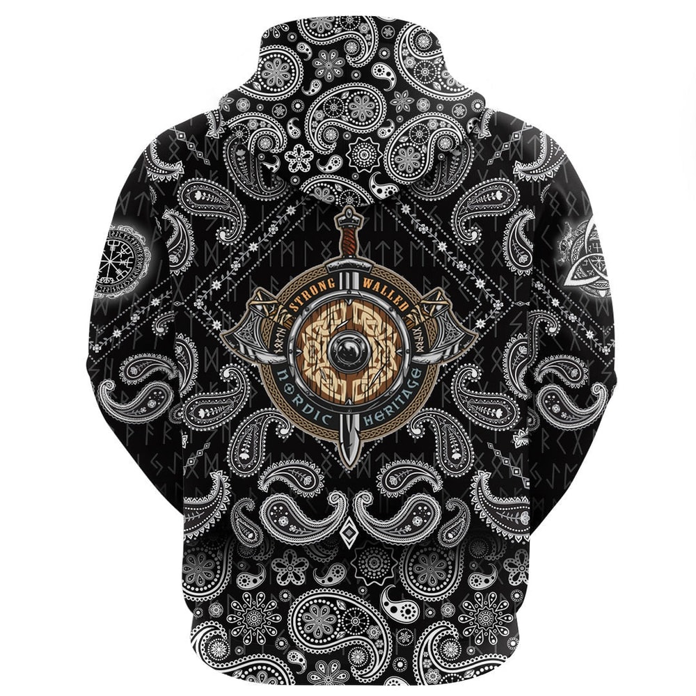 Weapon Colorful Label In Vintage Style With Wooden Shield with Bandana Paisley Style Viking Hoodie