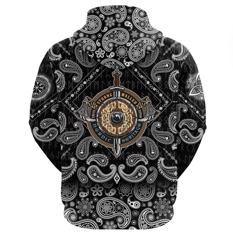 Weapon Colorful Label In Vintage Style With Wooden Shield with Bandana Paisley Style Viking Hoodie