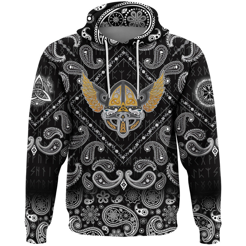 Winged Helmet With Scandinavian Pattern with Bandana Paisley Style Viking Hoodie For Men Women