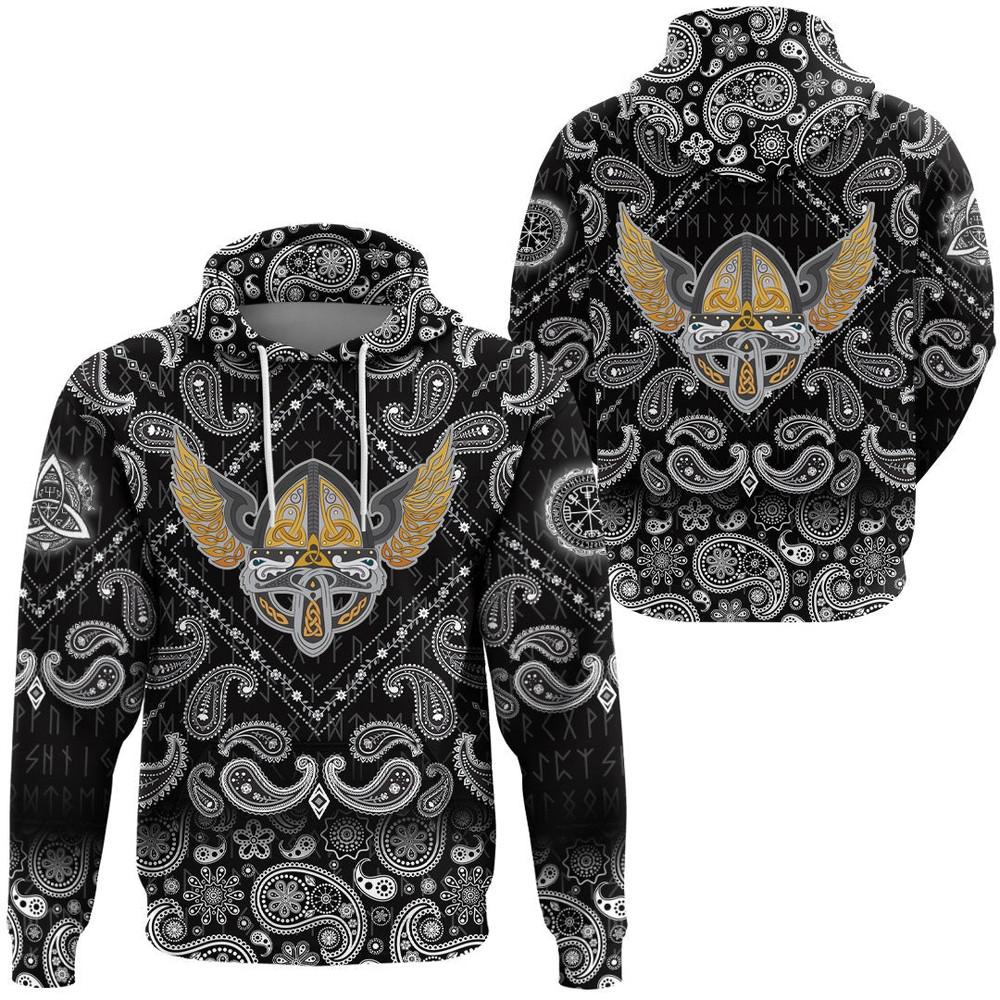 Winged Helmet With Scandinavian Pattern with Bandana Paisley Style Viking Hoodie For Men Women