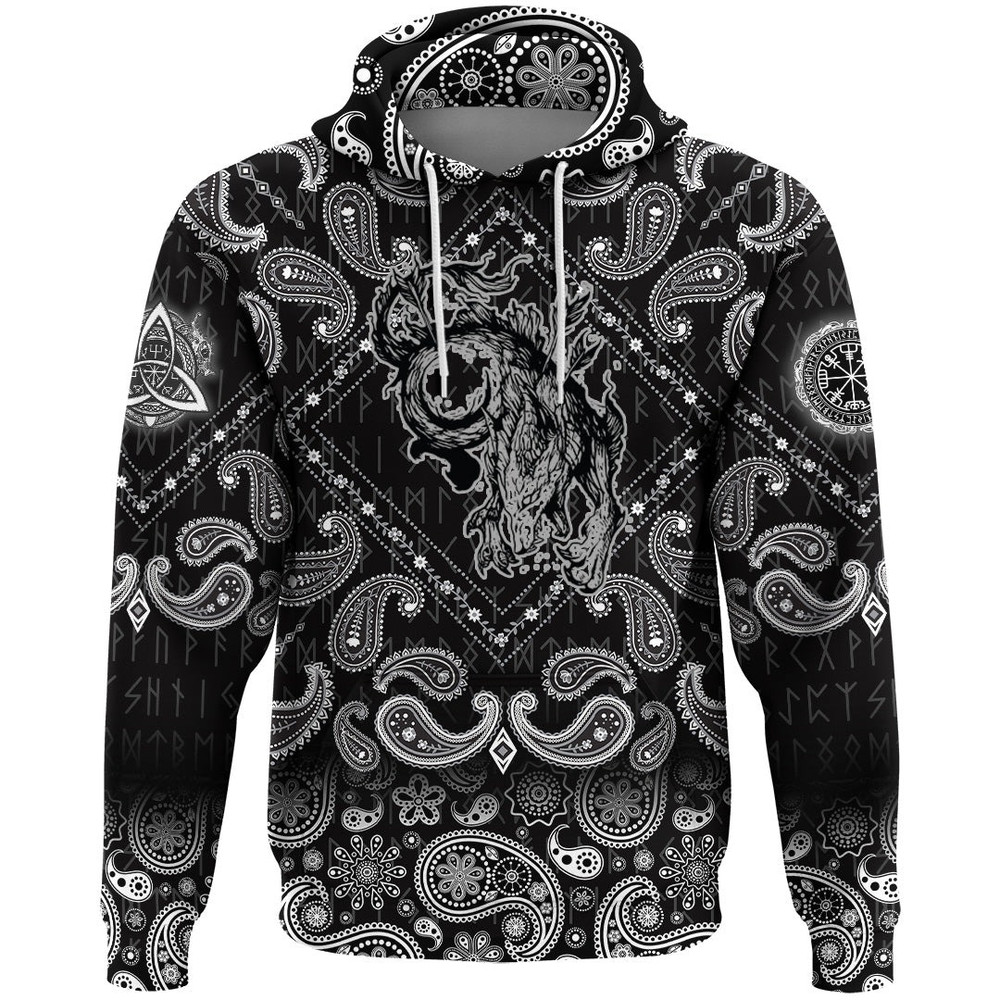 Wolf and Moon with Bandana Paisley Style Viking Hoodie For Men Women