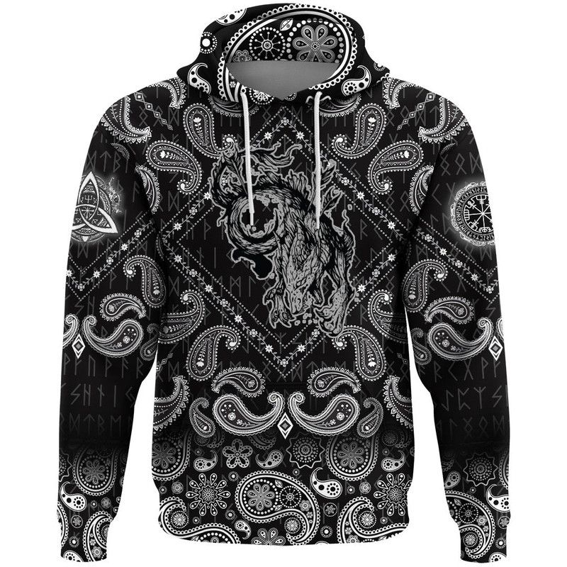 Wolf and Moon with Bandana Paisley Style Viking Hoodie For Men Women