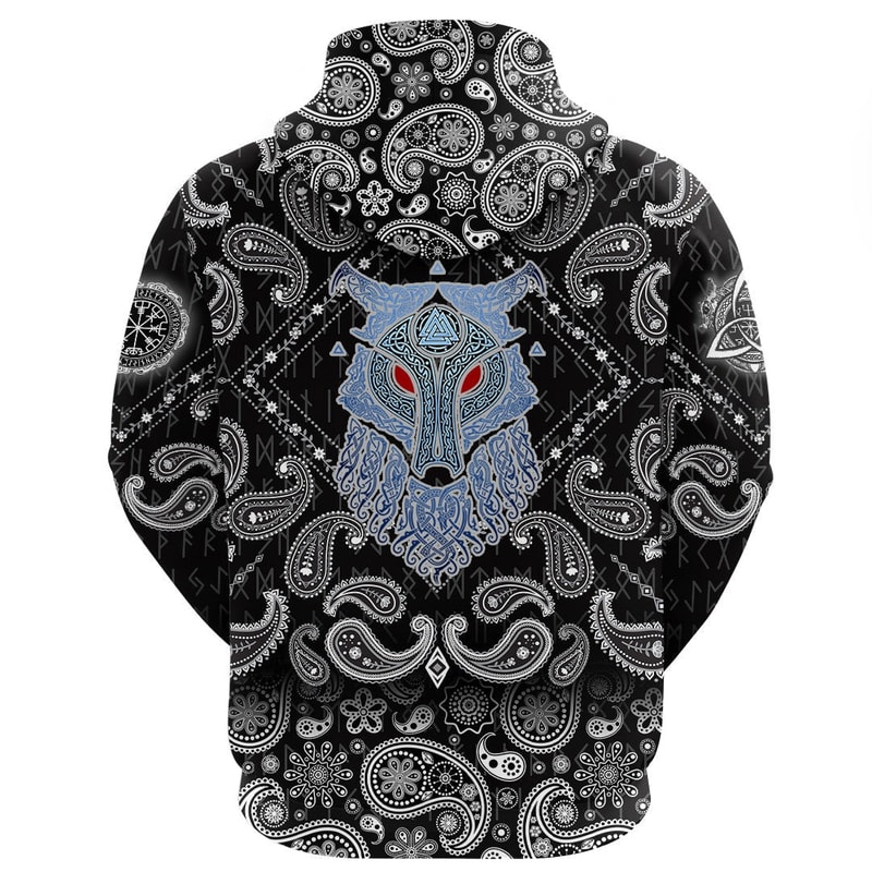 Wolf and Valknut with Bandana Paisley Style Viking Hoodie For Men Women