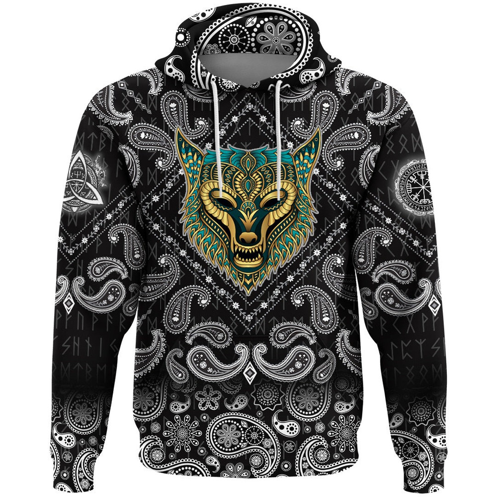 Wolf Ethnic Style with Bandana Paisley Style Viking Hoodie For Men Women