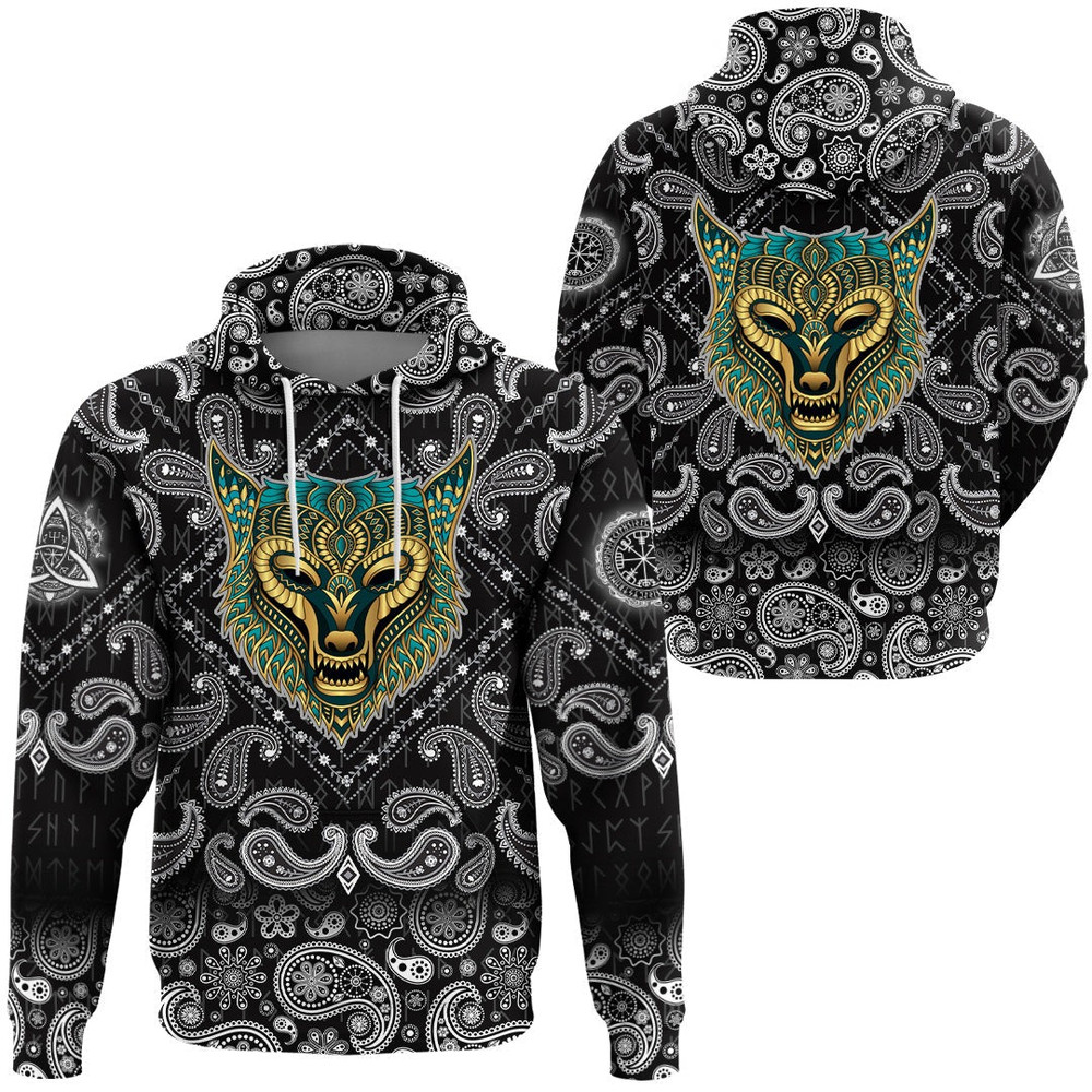 Wolf Ethnic Style with Bandana Paisley Style Viking Hoodie For Men Women