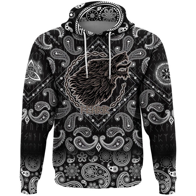 Wolf Fenrir To Old Norse Mythology On White with Bandana Paisley Style Viking Hoodie For Men Women