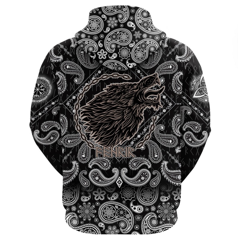 Wolf Fenrir To Old Norse Mythology On White with Bandana Paisley Style Viking Hoodie For Men Women