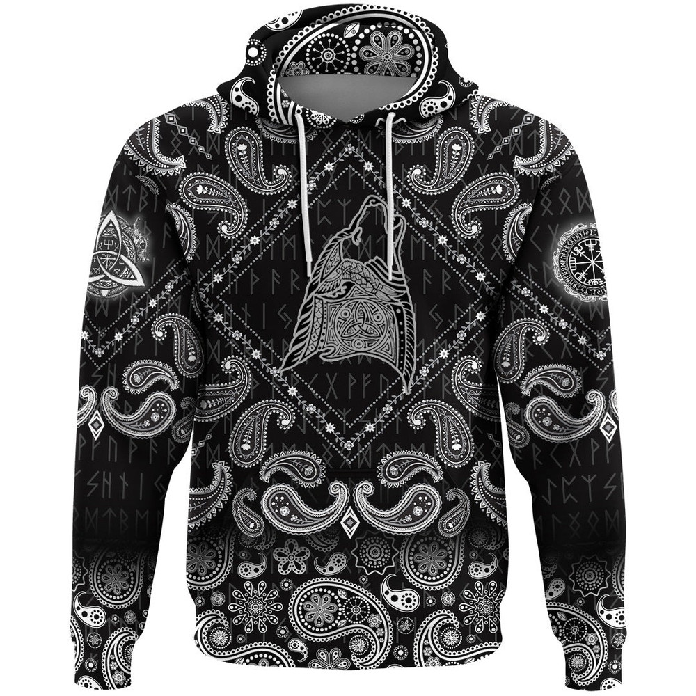 Wolf Head Howling with Bandana Paisley Style Viking Hoodie For Men Women