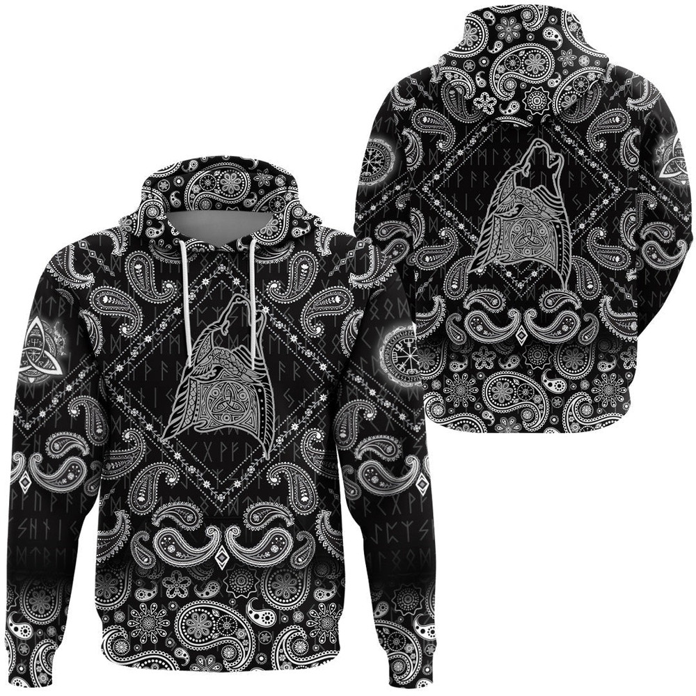 Wolf Head Howling with Bandana Paisley Style Viking Hoodie For Men Women