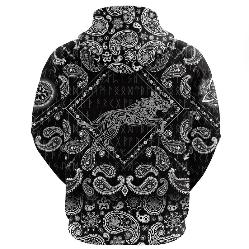 Wolf Tattoo In Traditional Celtic Style with Bandana Paisley Style Viking Hoodie For Men Women