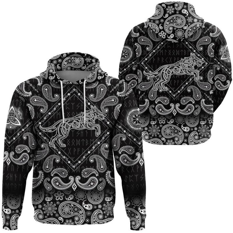 Wolf Tattoo In Traditional Celtic Style with Bandana Paisley Style Viking Hoodie For Men Women