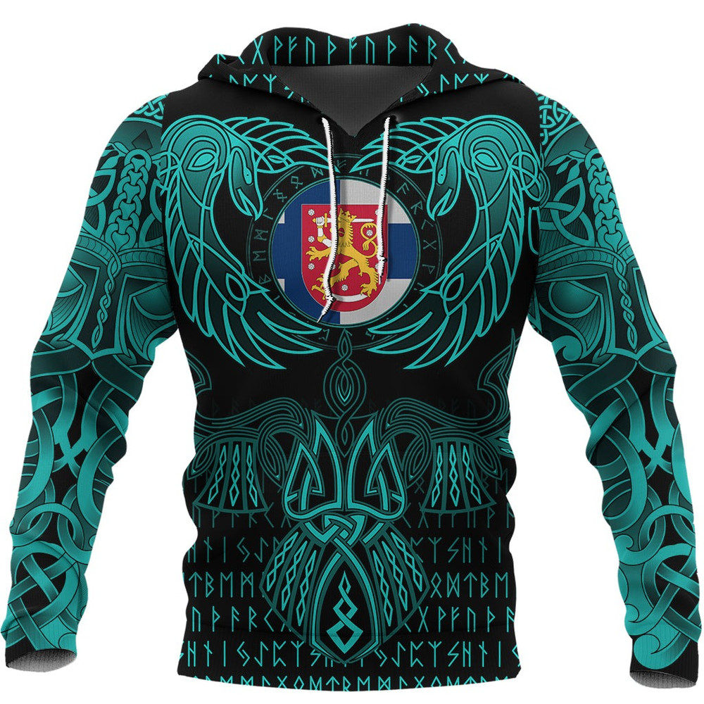 Finland Hoodie Valknut of Odin Cyan Viking Hoodie For Men Women
