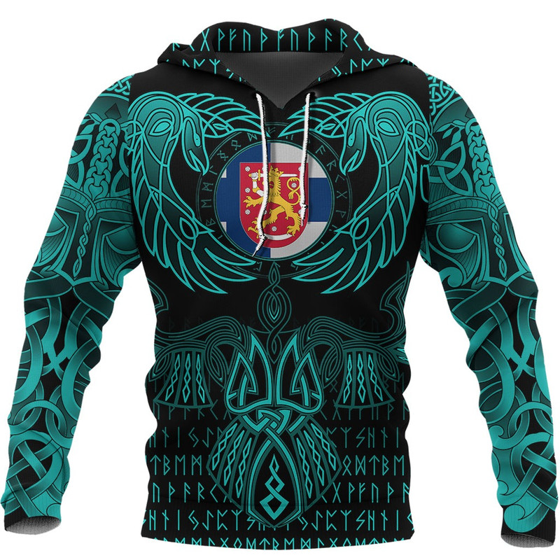 Finland Hoodie Valknut of Odin Cyan Viking Hoodie For Men Women