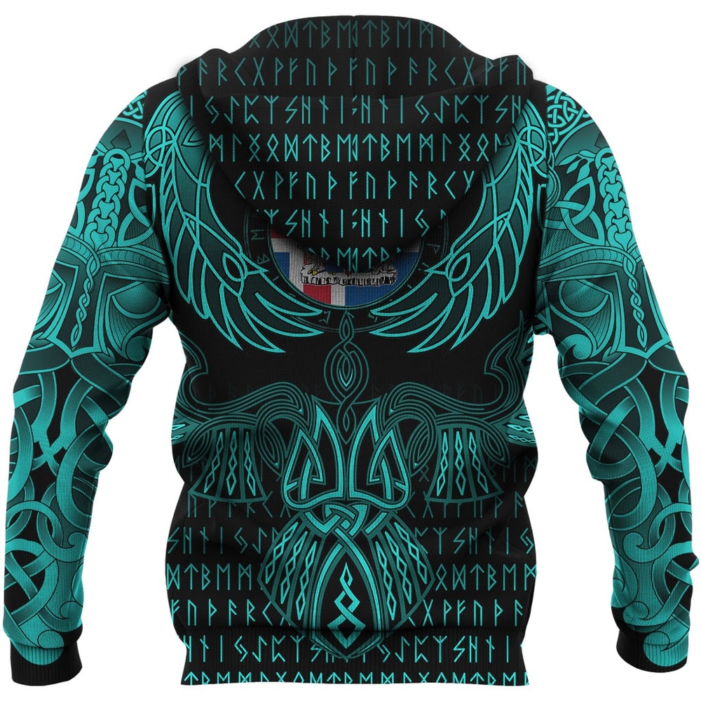 Iceland Hoodie Valknut of Odin Cyan Viking Hoodie For Men Women