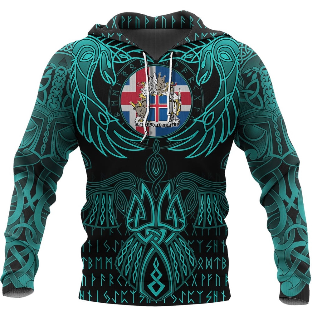 Iceland Hoodie Valknut of Odin Cyan Viking Hoodie For Men Women