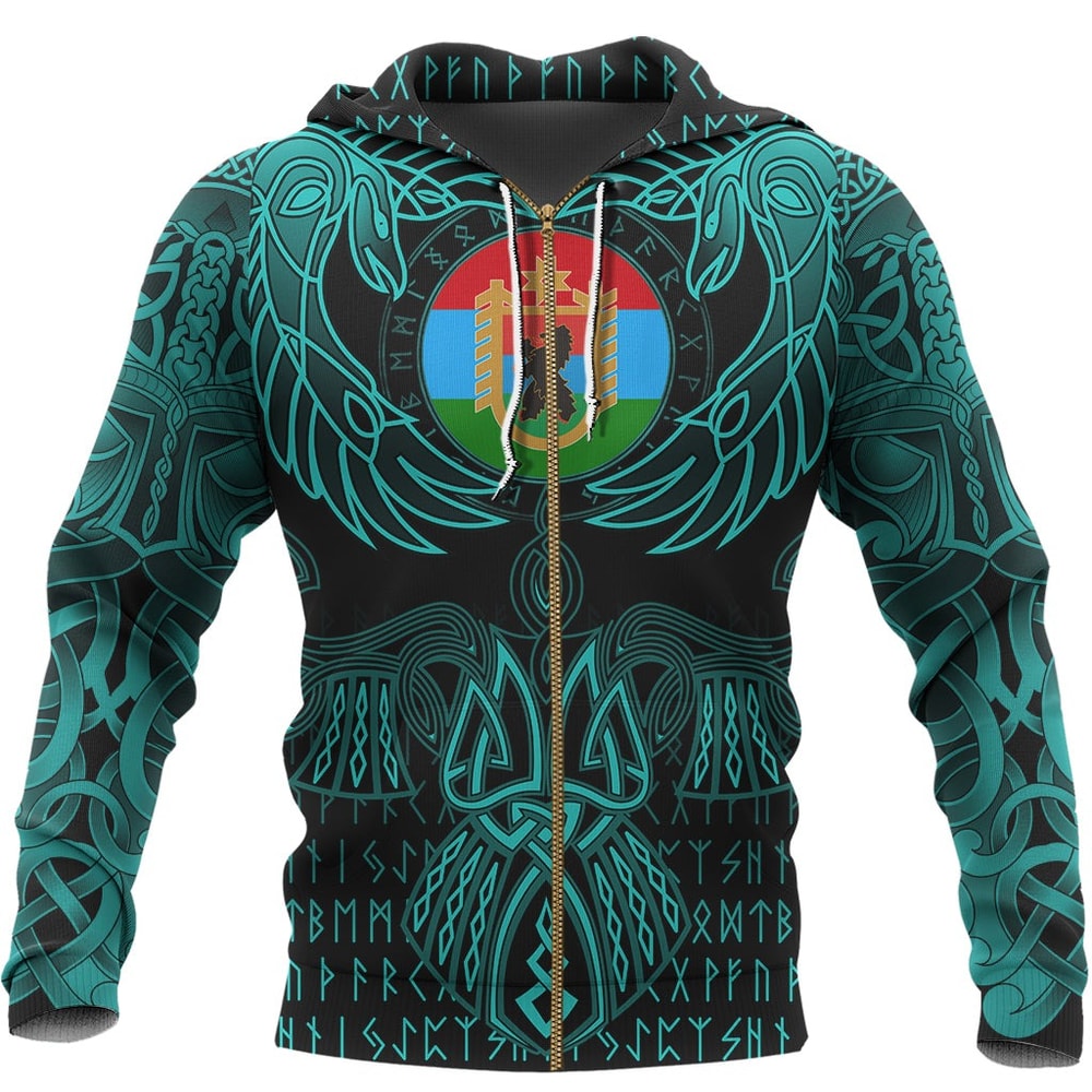 Karelia Zip Hoodie Valknut of Odin Cyan Viking Hoodie For Men Women