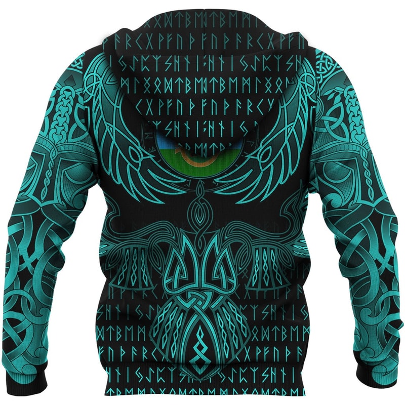 Karelia Hoodie Valknut of Odin Cyan Viking Hoodie For Men Women