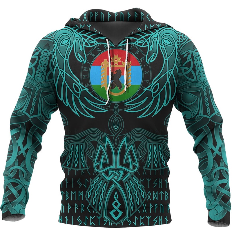 Karelia Hoodie Valknut of Odin Cyan Viking Hoodie For Men Women