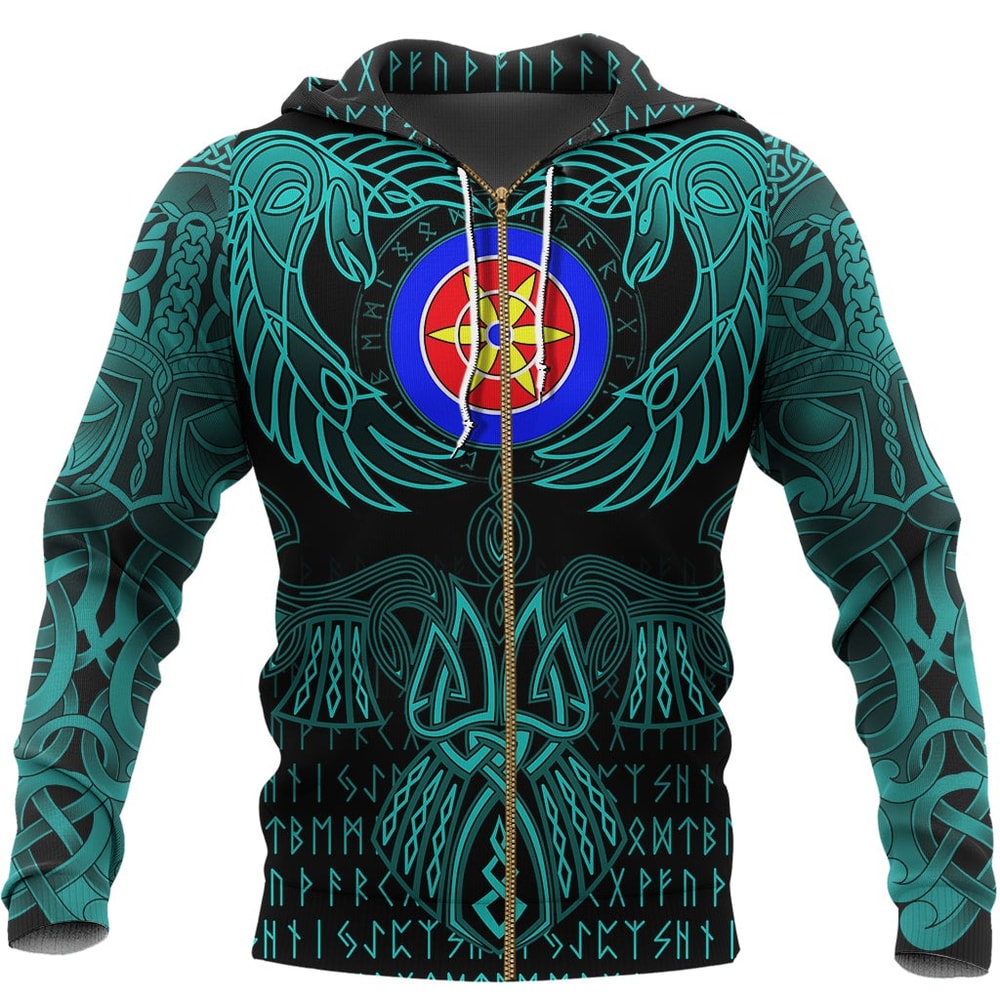 Kven Zip Hoodie Valknut of Odin Cyan Viking Hoodie For Men Women
