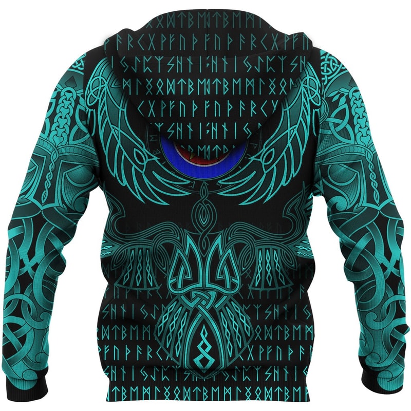 Kven Zip Hoodie Valknut of Odin Cyan Viking Hoodie For Men Women