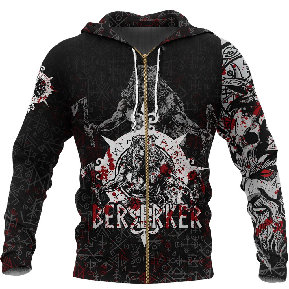 Berserker Blood and Vegvisir Zip Hoodie Viking Hoodie For Men Women