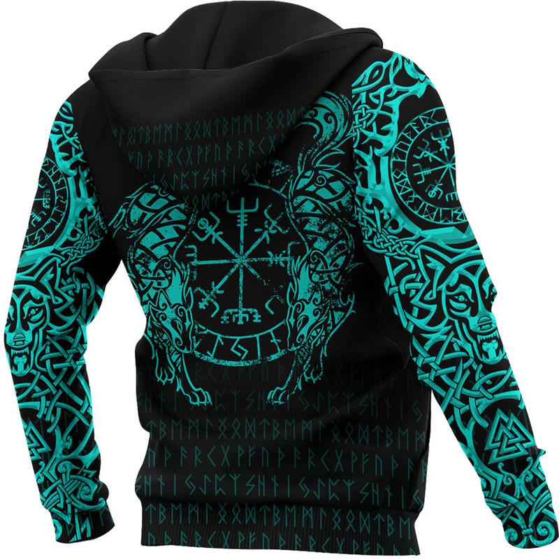 Viking Compass Vegvisir Tattoo Cyan Version Hoodie Viking Hoodie For Men Women