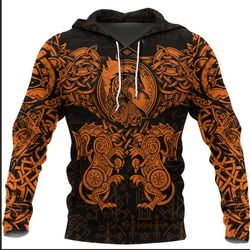 viking dragon and wolf tattoo orange hoodie, viking hoodie for men women