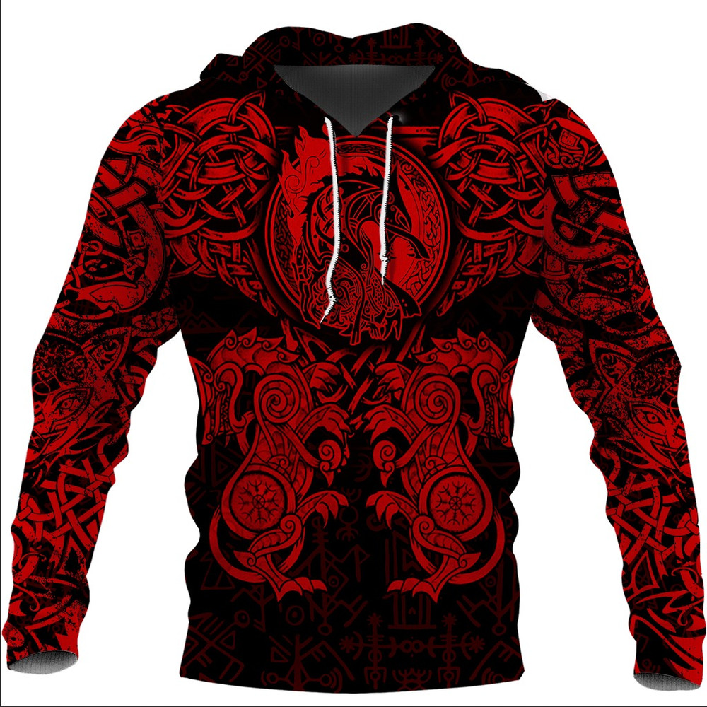 Viking Dragon and Wolf Tattoo Red Hoodie Viking Hoodie For Men Women