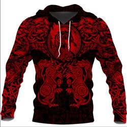 viking dragon and wolf tattoo red hoodie, viking hoodie for men women