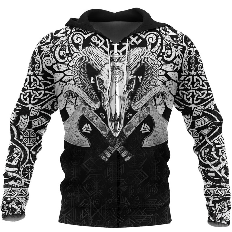 Ram Skull Tattoo With Vegvisir and Valknut Hoodie Viking Hoodie For Men Women